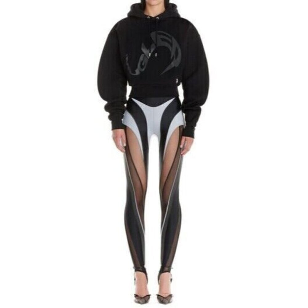 Mugler Logo Print Cropped Hoodie Size L Unisex Black